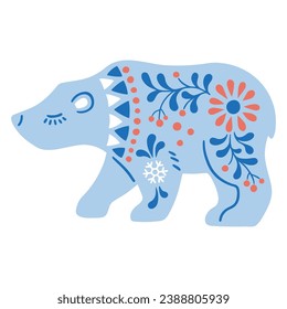 Vector hand drawn illustration of animal in Nordic style hygge. Blue silhouette of polar bear in folk style isolated on white background