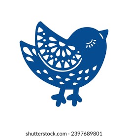 Vector hand drawn illustration of animal in Nordic style hygge. Blue silhouette of bird in folk style isolated on white background