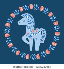 Vector hand drawn illustration of animals in Nordic style hygge. Horse silhouette in floral wreath in Folk Scandinavian style