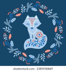 Vector hand drawn illustration of animals in Nordic style hygge. Fox silhouette in floral wreath in Folk Scandinavian style