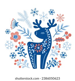 Vector hand drawn illustration of animals in Nordic style hygge. Silhouette of a deer in a floral pattern in a folk Scandinavian style