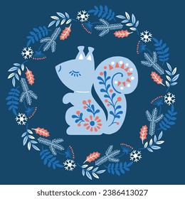 Vector hand drawn illustration of animals in Nordic style hygge. Squirrel silhouette in floral wreath in Folk Scandinavian style