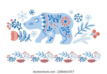 Vector hand drawn illustration of animals in Nordic style hygge. Bear silhouette in floral wreath in Folk Scandinavian style