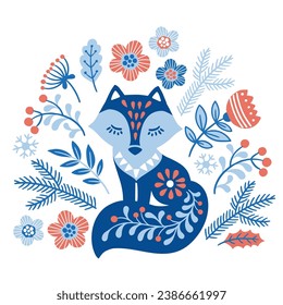 Vector hand drawn illustration of animals in Nordic style hygge. Silhouette of fox among flowers in Folk Scandinavian style on white background