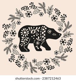 Vector hand drawn illustration of animals in Nordic style hygge. Bear silhouette in floral wreath in Folk Scandinavian style