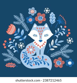 Vector hand drawn illustration of animals in Nordic style hygge. Silhouette of fox among flowers in Folk Scandinavian style