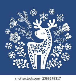 Vector hand drawn illustration of animals in Nordic style hygge. Silhouette of a deer in a floral pattern in a folk Scandinavian style