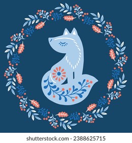 Vector hand drawn illustration of animals in Nordic style hygge. Fox silhouette in floral wreath in Folk Scandinavian style