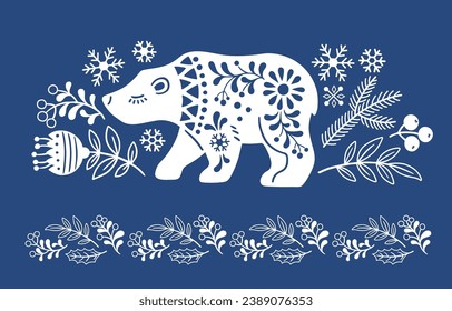 Vector hand drawn illustration of animals in Nordic style hygge. White silhouette of polar bear in folk style isolated on blue background