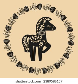 Vector hand drawn illustration of animals in Nordic style hygge. Horse in floral wreath in Folk Scandinavian style