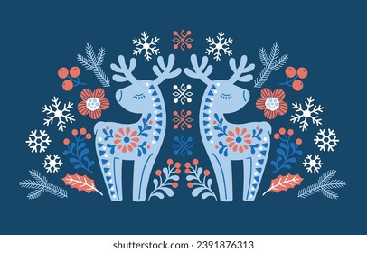 Vector hand drawn illustration of animals in Nordic style hygge. Silhouette of a deer in a floral pattern in a folk Scandinavian style