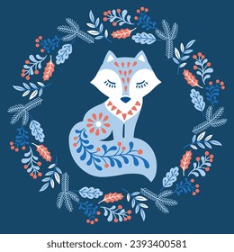 Vector hand drawn illustration of animals in Nordic style hygge. Fox in floral wreath in Folk Scandinavian style