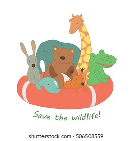 Vector hand drawn illustration. Animals in a lifebuoy.