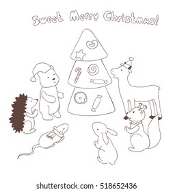 Vector hand drawn illustration. Animals at Christmas party. Coloring page
