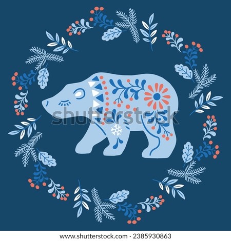 Vector hand drawn illustration of animals in Nordic style hygge. Bear silhouette in floral wreath in Folk Scandinavian style