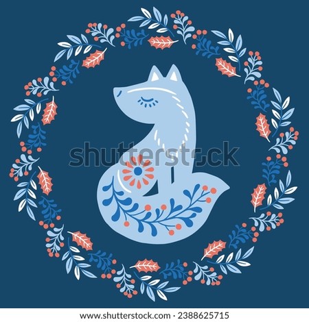 Vector hand drawn illustration of animals in Nordic style hygge. Fox silhouette in floral wreath in Folk Scandinavian style