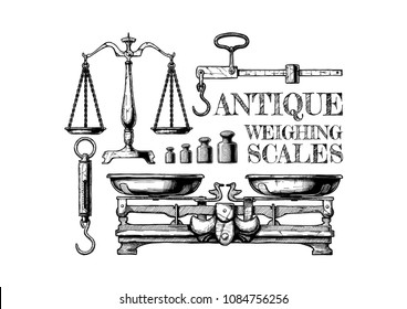 Vector hand drawn illustration of antique weighing scales in vintage engraved style. Isolated on white background.