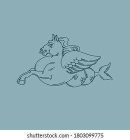 Vector hand drawn  illustration of antique hippocampus.   Creative tattoo artwork. Template for card, poster, banner, print for t-shirt, pin, badge, patch.