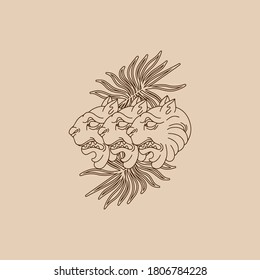 Vector hand drawn  illustration of antique lions and palm leaves.  Creative tattoo artwork. Template for card, poster, banner, print for t-shirt, pin, badge, patch.