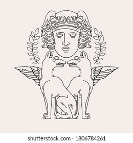 Vector hand drawn  illustration of antique goddess with dogs isolated. Creative tattoo artwork. Template for card, poster, banner, print for t-shirt, pin, badge, patch.