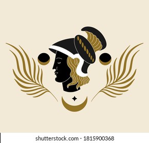 Vector hand drawn illustration of antique head with moon, floral elements isolated. Creative artwork with woman's face.Template for card, poster, banner, print for t-shirt, pin, badge, patch.