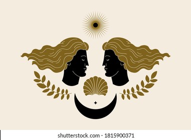 Vector hand drawn illustration of antique head of Aphrodite with moon, floral elements isolated. Creative artwork. Template for card, poster, banner, print for t-shirt, pin, badge, patch.