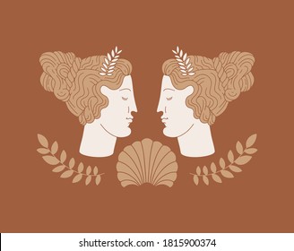 Ilustración de la cabeza antigua dibujada a mano vectorial con la luna, elementos florales aislados. Obra de arte creativa con la cara de la mujer. Plantilla para tarjeta, afiche, pancarta, imprimir para camiseta, alfiler, insignia, parche.