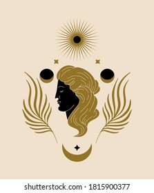 Vector hand drawn illustration of antique head with moon, floral elements isolated. Creative artwork with woman's face.Template for card, poster, banner, print for t-shirt, pin, badge, patch.