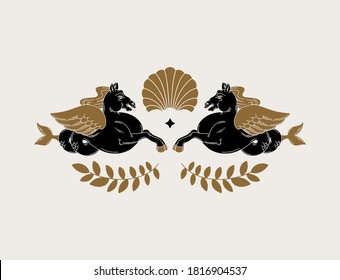 Vector hand drawn illustration of antique hippocampus. Creative tattoo artwork. Template for card, poster, banner, print for t-shirt, pin, badge, patch.