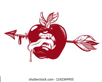 Vector hand drawn illustration of apple with mouth and tongue. Tattoo artwork. Template for card, poster. banner, print for t-shirt, pin, badge, patch.