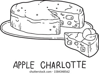Vector hand drawn illustration of Apple Charlotte. Traditional French cake, flat and cartoon style, isolated on white background. For menu, restaurants, cafe, market, print design.