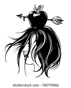 Vector hand drawn illustration of apple with arrow on female head. Tattoo artwork. Template for card, poster, banner, print for t-shirt.