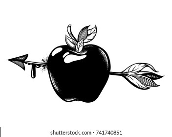 Vector hand drawn illustration of apple with arrow. Tattoo artwork. Drawing for card, poster, banner, print for t-shirt.