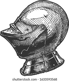 Vector hand drawn illustration of Armet (Close helmet of the High Middle Ages) in vintage engraved style. Isolated on white background. Side view.