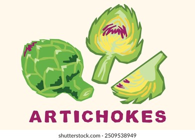 vector hand drawn illustration of Artichokes, imitation of paper cutting without rounded shapes, only straight