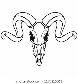 Vector hand drawn illustration. Artwork with skull of ram. Dark fashion, alchemy, religion, spirituality, occultism, tattoo art. Template for postcard, banner, poster, print for t-shirt.