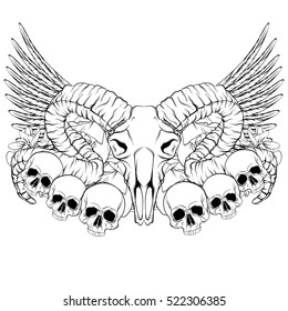 Vector hand drawn illustration. Artwork with skull of ram, flowers, wings.  Alchemy, religion, spirituality, occultism, tattoo art. Template for postcard, banner, poster, print for t-shirt.