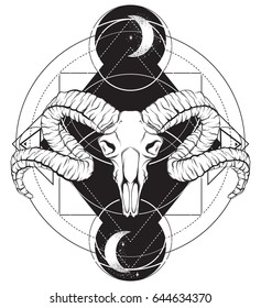 Vector hand drawn illustration. Artwork with skull of ram.  Alchemy, religion, spirituality, occultism, tattoo art. Template for postcard, banner, poster, print for t-shirt.