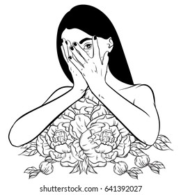 Vector hand drawn illustration of ashamed girl with flowers instead body.  Creative surrealistic artwork.  Tattoo art. Template for card, poster, banner, print for t-shirt.
