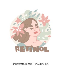 Vector hand drawn illustration. Asian girl and the inscription. Retinol lettering. Round background with abstract shapes, flowers. Cosmetology, skin care routine, cream, mask. Icon in flat style