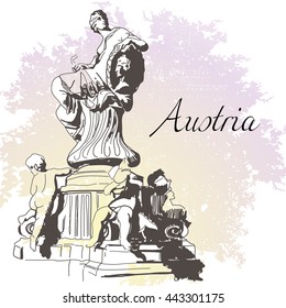 Vector Hand Drawn Illustration. Austria, Vienna, Dunnerbrunnen Fountain. Historical Antique Symbol For Your Design