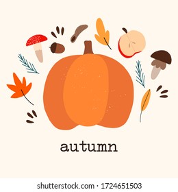 Vector hand drawn illustration.Set of autumn elements. Hello autumn concept.Pumpkin, apples, mushrooms, seeds, berries, leaves. For greeting card,banner,poster.