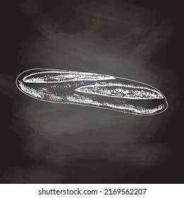 Vector hand drawn illustration of  baguette. White sketch isolated on black chalkboard.  Sketch icon and bakery element for print, web, mobile and infographics.