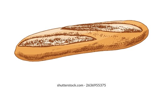 Vector hand drawn illustration of  baguette. Brown and white bread drawing isolated on white background. Sketch icon and bakery element for print, web, mobile and infographics.