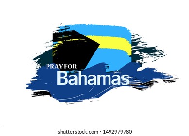 Vector hand drawn illustration “Pray for Bahamas" with blue water waves and country flag for blog posts, banners, articles. Isolated on white.