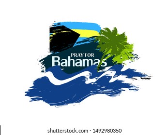 Vector hand drawn illustration “Pray for Bahamas" with water waves, palm tree and country flag for blog posts, banners, articles. Isolated on white.