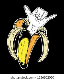 Vector hand drawn illustration of banana with shaka hand isolated. Creative tattoo artwork. Template for card, poster, banner, print for t-shirt, pin, badge, patch.