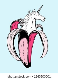 Vector hand drawn illustration of banana with unicorn's head isolated. Creative tattoo artwork. Template for card, poster, banner, print for t-shirt, pin, badge, patch.