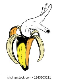 Vector hand drawn illustration of banana with human hand isolated. Creative tattoo artwork. Template for card, poster, banner, print for t-shirt, pin, badge, patch.