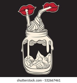 Vector hand drawn illustration of bank with landscape and lips with straws. Artwork in cartoon style. Template for card poster banner print for t-shirt